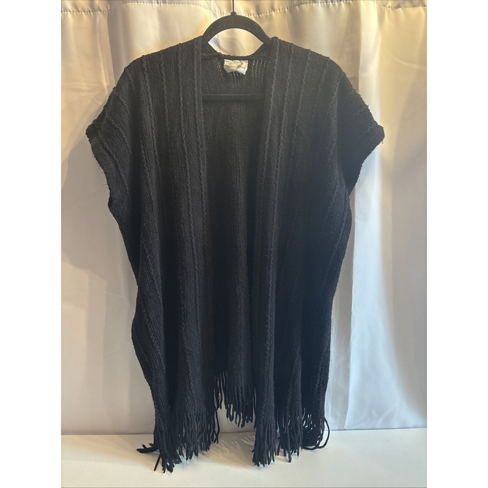 Caren Sport Knit Cardigan Sweater One Size W/Fringe Acrylic Handwash Boho Black
